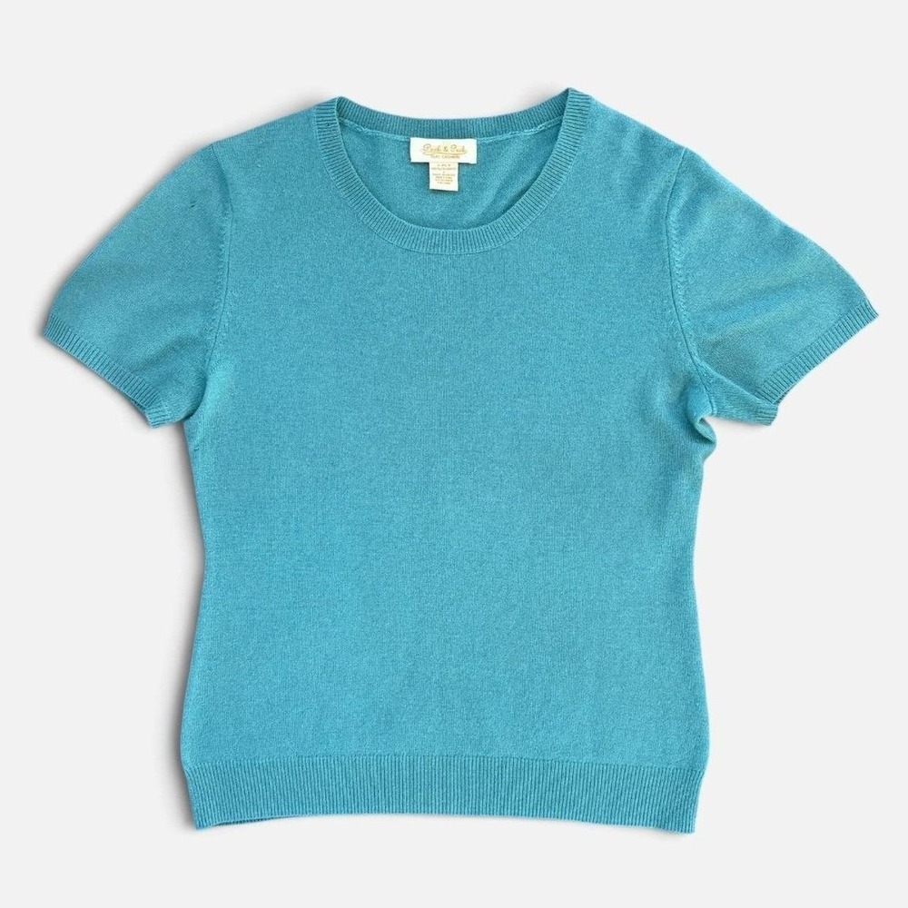 Vintage Peck and Peck Pure Cashmere Short Sleeve Knit Crewneck Sweater Teal M - Picture 9 of 9